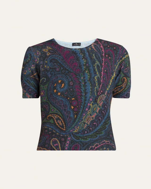 Short-Sleeve Knit Paisley Sweater